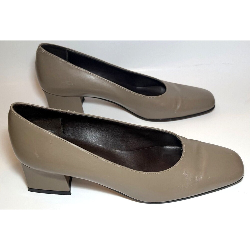 Sesto Meucci Taupe Leather Block Heel Pumps Square Toe Made Italy Women’s 6.5M